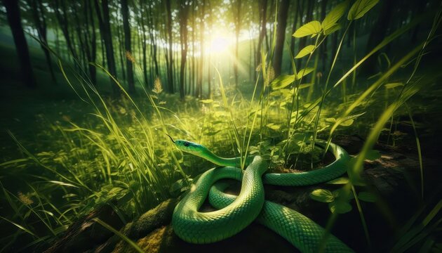 green snake in the grass