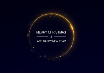Merry Christmas and Happy new year background. Realistic neon glowing round frame. Holiday banner with discount. Light neon round frame. Neon line light curve effect. Glowing blue circle.
