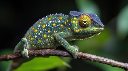 Obraz premium Colorful chameleon perched on a branch in a lush environment.
