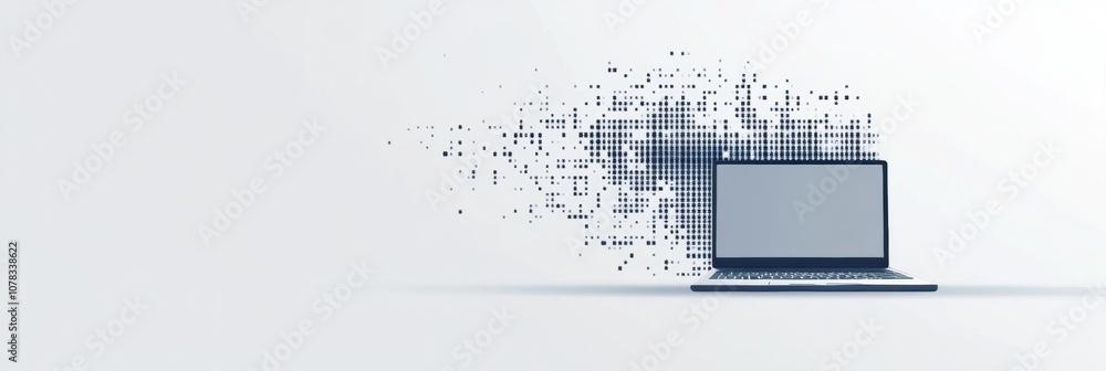 Poster a modern laptop sits in a minimalist setting, with pixel elements appearing to dissolve from its scr