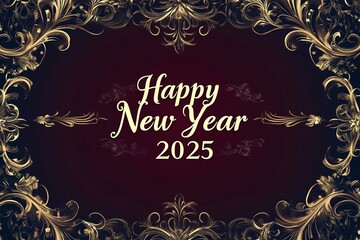 A luxurious burgundy background with an intricate gold filigree frame. The text Happy New Year 2025 in an elegant serif font centered within the frame