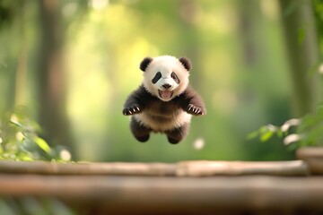 Fototapeta premium A cute baby panda jumps in mid-air with a bamboo bridge in the foreground and a blurred green background.