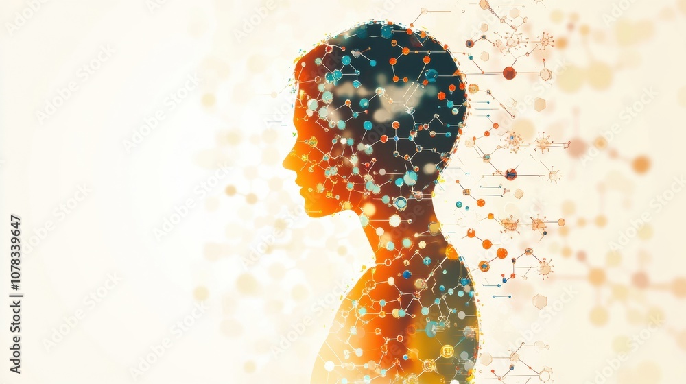 Poster a human silhouette is surrounded by intricate molecular structures and diagrams, representing the in