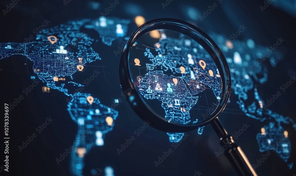 Aufkleber digital world map with magnifying glass highlighting locations and data points