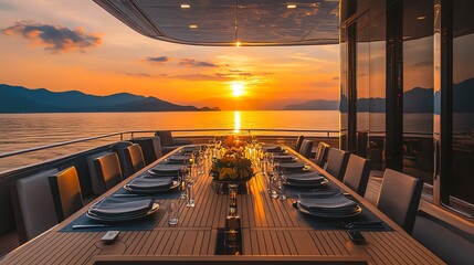 A table set for a formal dinner on the deck of a luxury yacht with a sunset in the background.