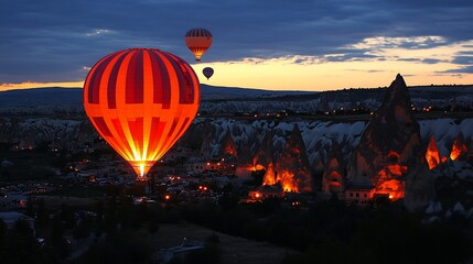 Obraz premium Hot air balloons glowing at dusk over a rocky landscape.