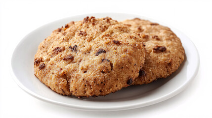 Two delicious, golden-brown cookies with a crumbly texture sit on a white plate, inviting you to enjoy their sweet flavor.
