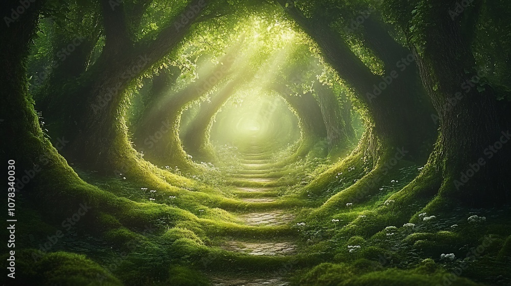 Poster sunbeams illuminate a mystical path through a dense forest.