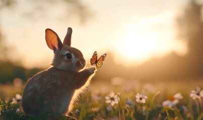 Obraz premium A cute bunny rabbit sits in a field of flowers at sunset with a butterfly landing on its paw.