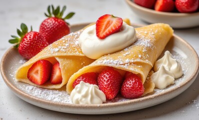 Delicious strawberry crepes with cream