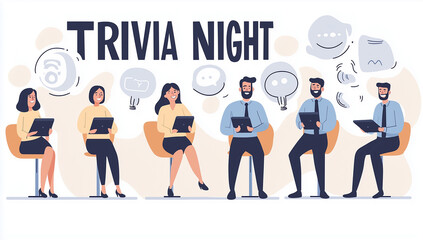 Illustration of people seated with notebooks under "Trivia Night" text, surrounded by speech bubbles. Ideal for promoting trivia events, team-building, and social gatherings.
