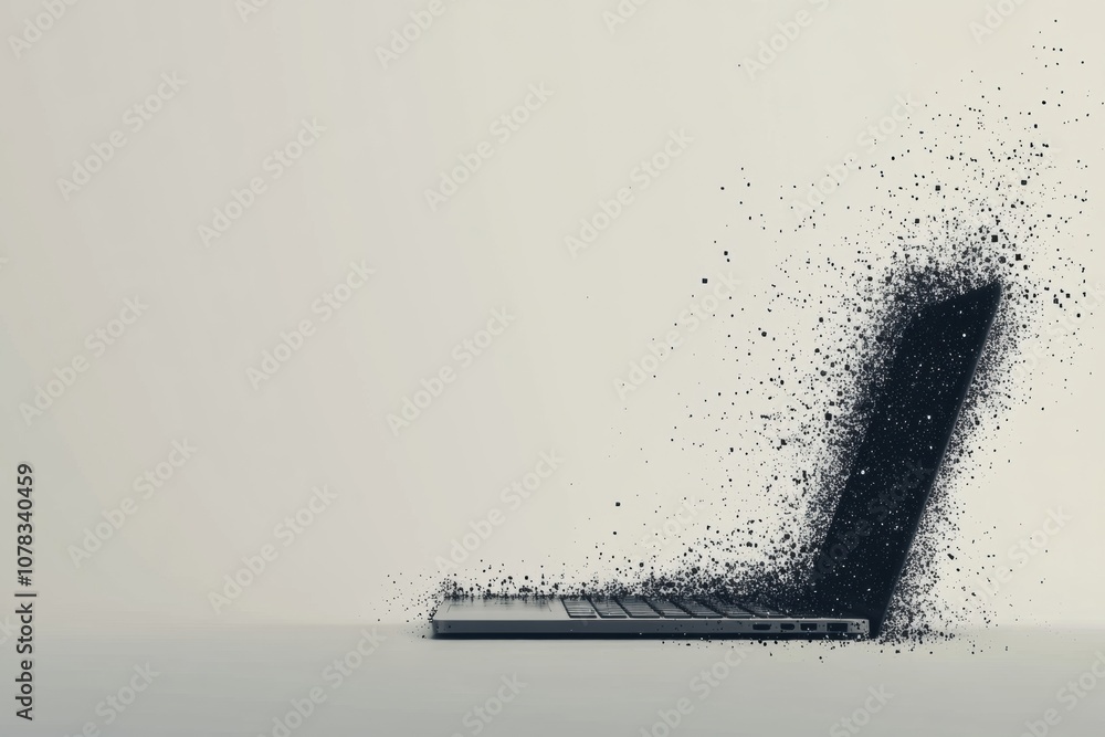 Aufkleber a laptop appears to disintegrate into pixel elements, showcasing an artistic design that highlights 