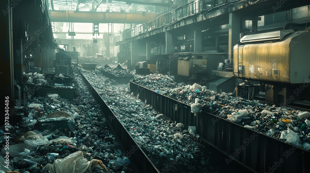 Poster a garbage sorting belt processes debris at a waste management facility, surrounded by heaps of assor
