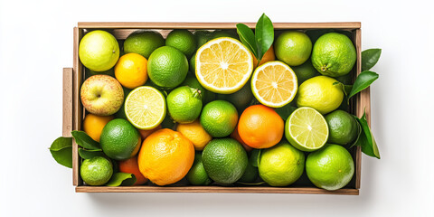 Top view of fresh assortment of citrus fruits in a wooden crate on a white background, showcasing vibrant colors, tropical flavors, natural health benefits advertisement