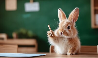 A cute bunny rabbit sits at a desk in a classroom holding a pencil in its paw.