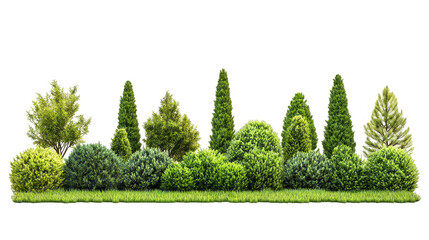 A row of trees with bushes in between