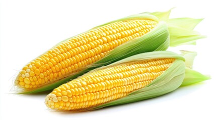 A stack of two yellow corn cobs, isolated on a clean white background, focusing on kernel detail.