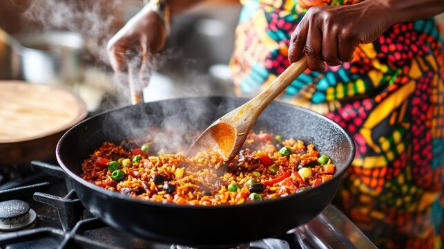 An African grandmother stirs pot of jollof rice, focusing on colorful ingredients as steam rises
