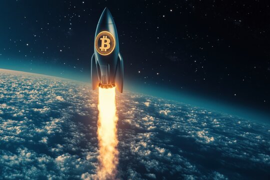 A rocket launching into space symbolizes the rise of cryptocurrency and innovation.