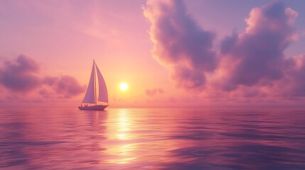 Shimmering ocean with a lone sailboat under a colorful sunset sky for a peaceful wallpaper