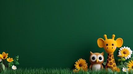 Fototapeta premium A whimsical scene featuring a colorful owl and giraffe plush toys set against a vibrant green background, surrounded by cheerful flowers.