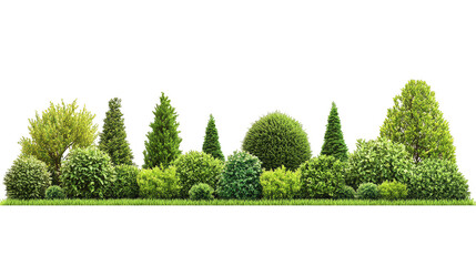 A row of trees with bushes in between