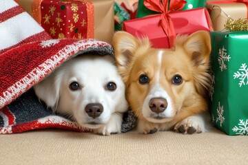 Two adorable dogs peeking from under a cozy blanket with Christmas gifts.
