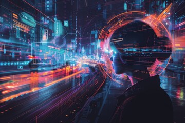 Woman is standing in front of a cityscape with a glowing head. The cityscape is filled with bright lights and the woman is wearing a black jacket