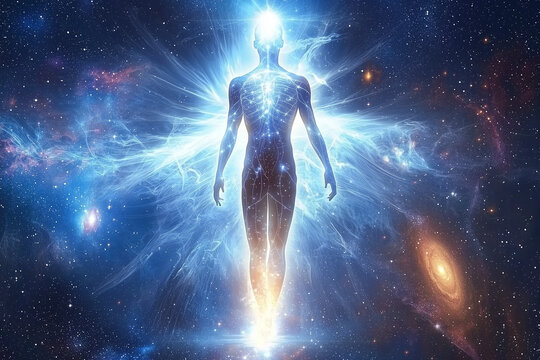 A luminous figure ascending toward light or cosmic realms, symbolizing personal growth, spiritual awakening, and connection with the higher self. Ideal for content on self-development, enlightenment, 