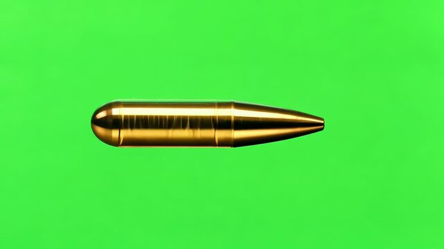 A golden metal bullet shot horizontally in a fixed position on the green screen background, generative ai