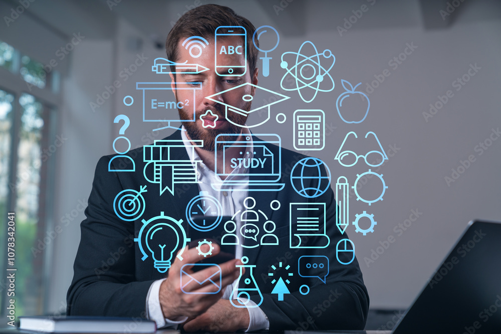 Poster man using mobile phone with educational icons overlay on office background.