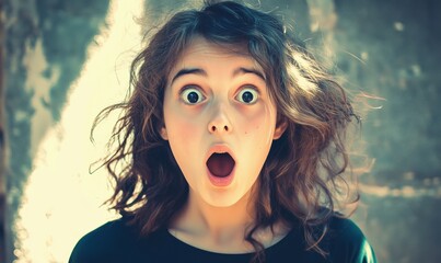 Surprised girl with curly hair, wide eyes, and open mouth, expressing shock