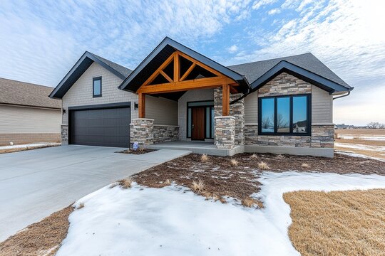 Inviting Front Door of Craftsman-Style Home with Wood and Stone Accents