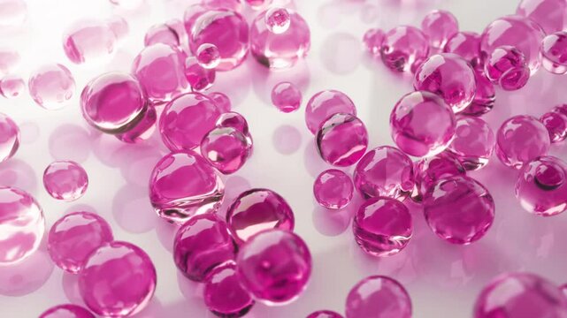 Pink serum with liquid bubbles in a 3D abstract background. Hydrating essence gel with collagen molecules. Moisturizing cream or oil for skincare and beauty.
