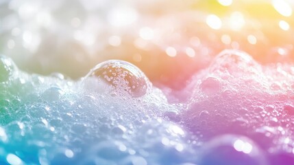 Fototapeta premium A thick layer of detergent foam bubbles on water, capturing the vibrant shine and iridescent colors in a bright, well-lit scene