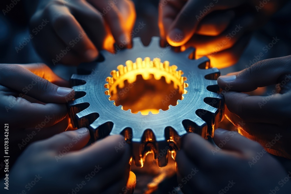 Poster hands working together to illuminate a metallic gear with soft, warm light in a workshop setting