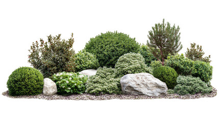 A row of trees with bushes in between