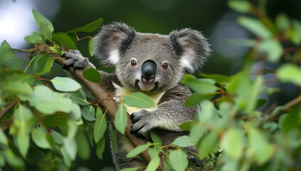 A cute koala bear sits on a branch, looking at the camera.