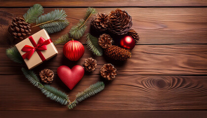 A gift wrapped with a red bow sits alongside pine branches, pinecones, and a red heart ornament on a rustic wooden background. copy space
