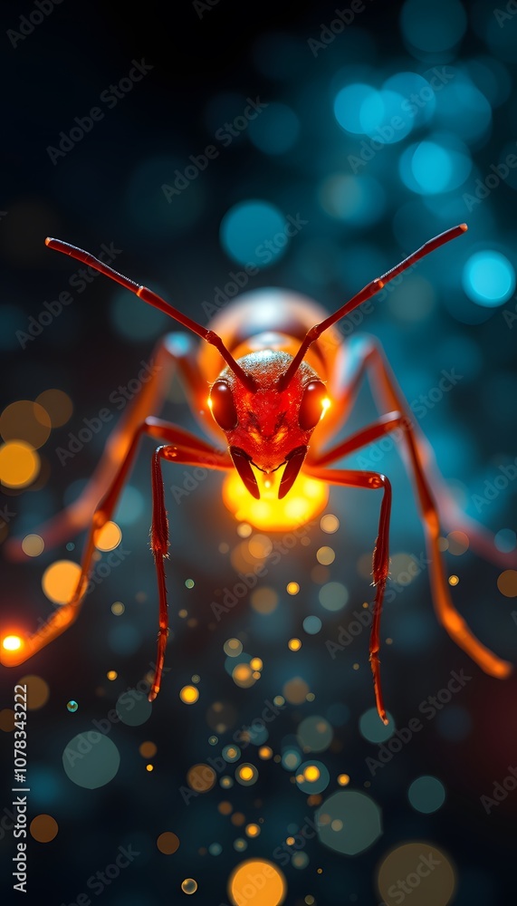 Poster a vigorous ant dissolving and disappearing in subtle glowing particles for creative digital projects