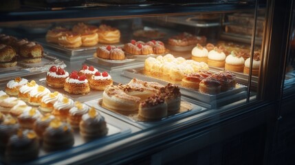 Assortment of Delicious Pastries in a Display Case