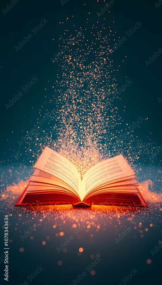 Aufkleber A Vivid Depiction of a Book Disintegrating into Glowing Particles, Perfect for Illustrating Abstract Concepts of Knowledge and Transformation