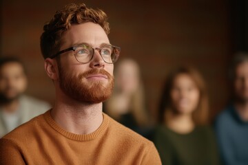 A focused man with glasses in a brown sweater, listening attentively in a group setting.