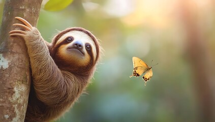 Fototapeta premium A cute sloth hanging on a tree branch with a butterfly flying nearby.