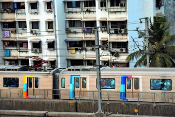Metro train near Asalpha railway station, Mumbai, Maharashtra, India