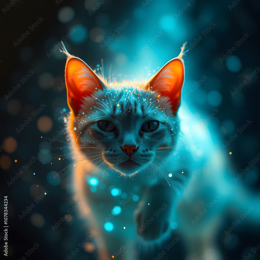 Poster a vibrant cat vanishes in a spectacular display of glowing particles: perfect for art and digital de