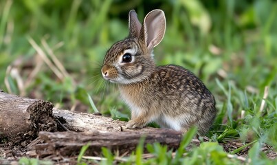 Fototapeta premium A cute, small, brown rabbit with white belly sits on a piece of wood in a grassy area.