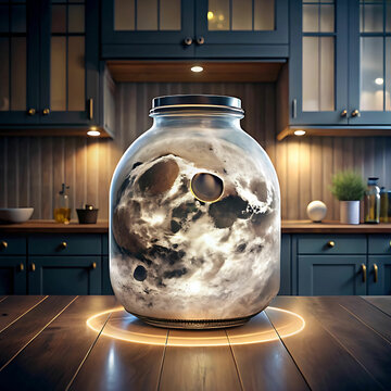 Moon in glass jar rustic kitchen surreal fantasy concept