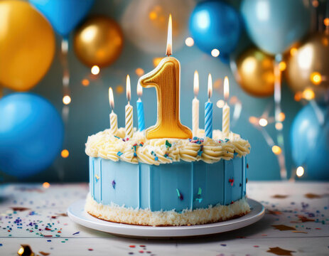 A first birthday cake decorated in light blue with a gold number "1" candle and smaller striped candles, set against balloons and party decorations.