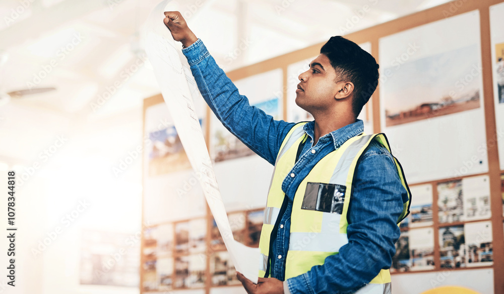 Poster Architect, man and paper with blueprint in office for project development or review of property. Architecture, planning or person with document for renovation design, inspection or reading floor plan